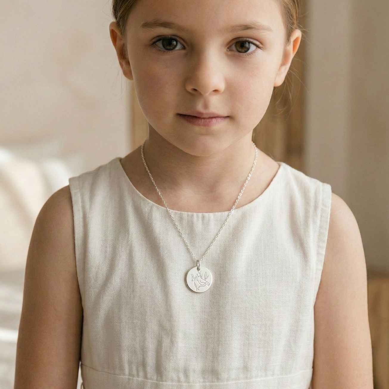 Medalla de bautismo Paloma con Inicial plata