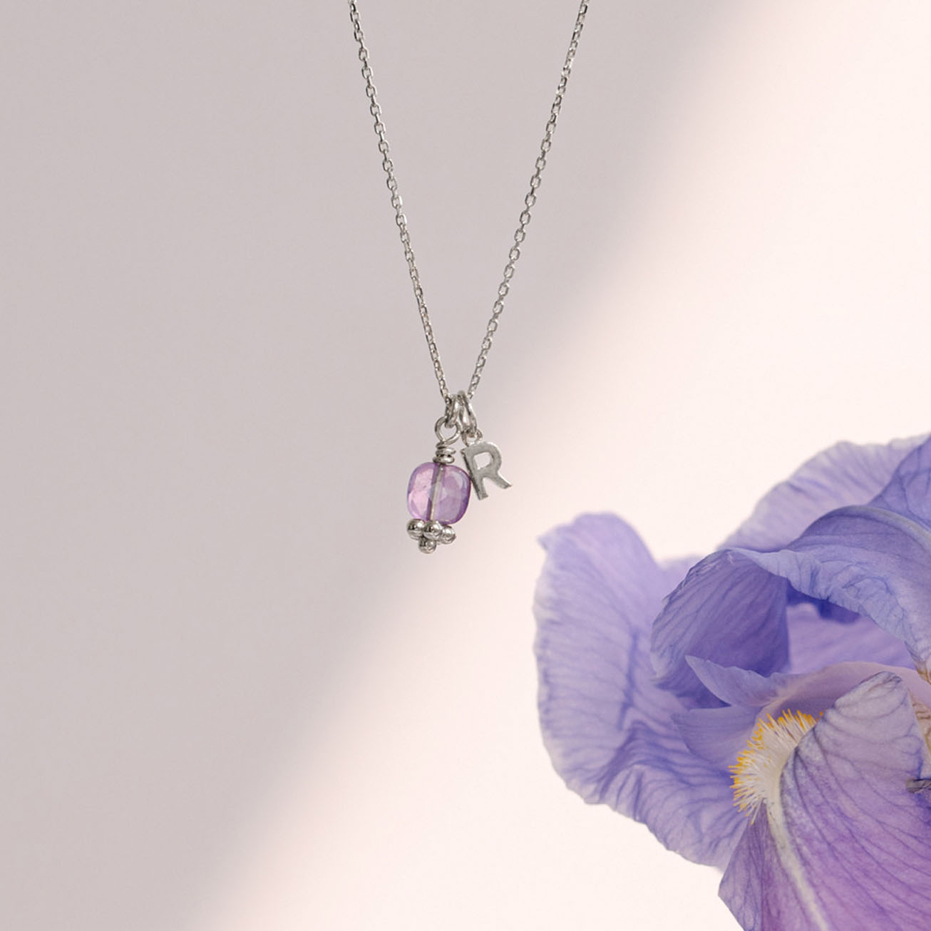 Collar Inicial <i>amatista</i> piedra de nacimient