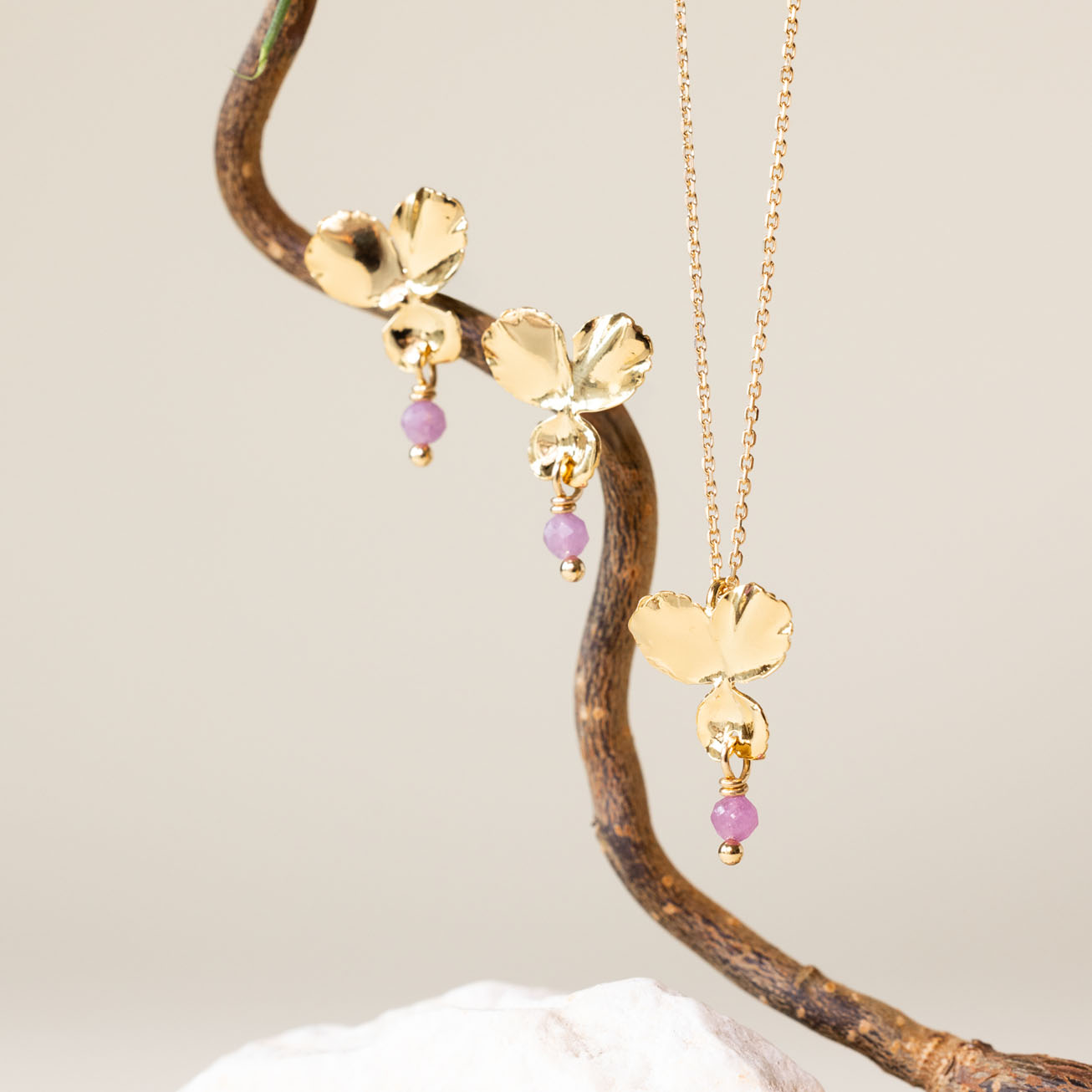 Pendientes Flor y piedra Turmalina rosa