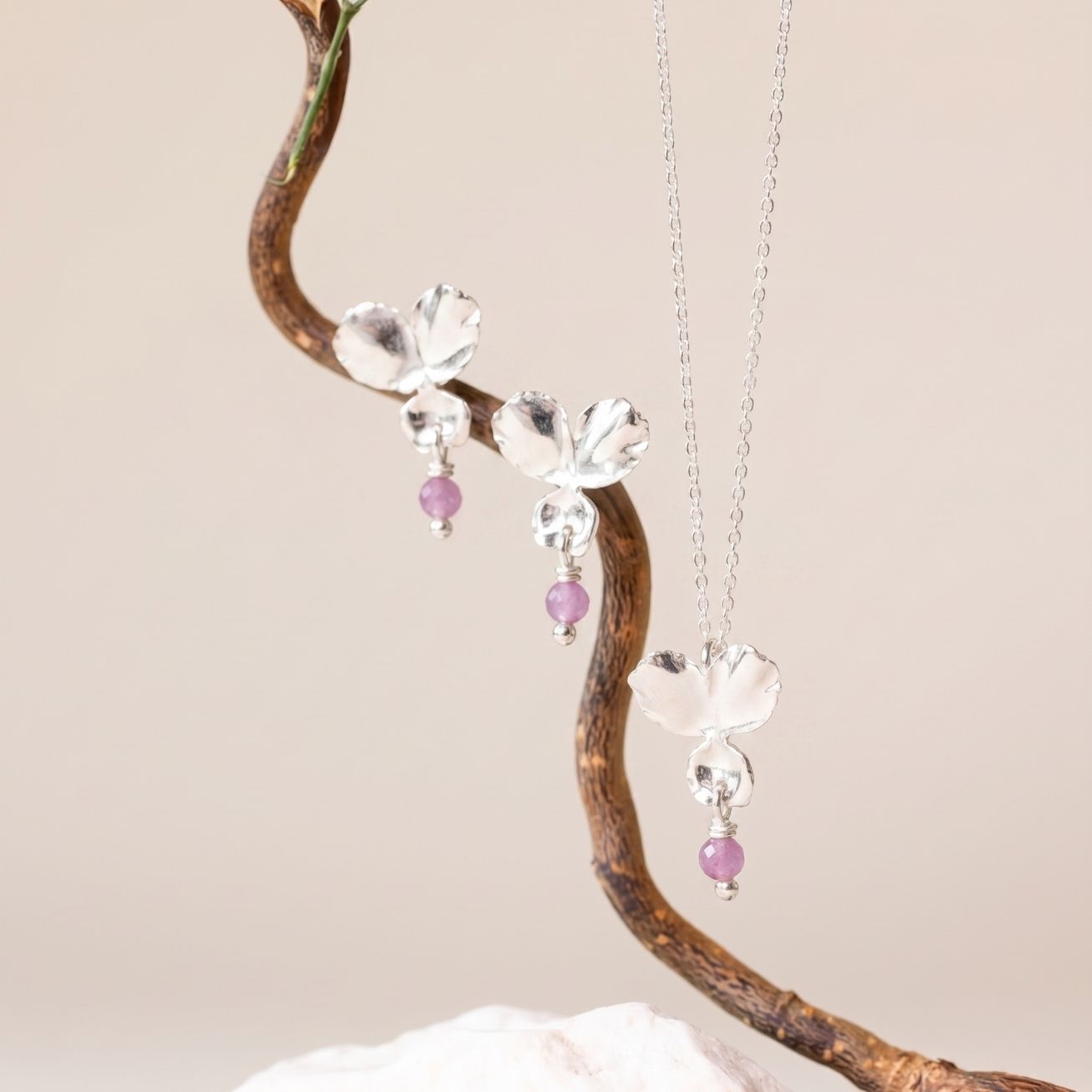 Pendientes Flor y piedra Turmalina rosa