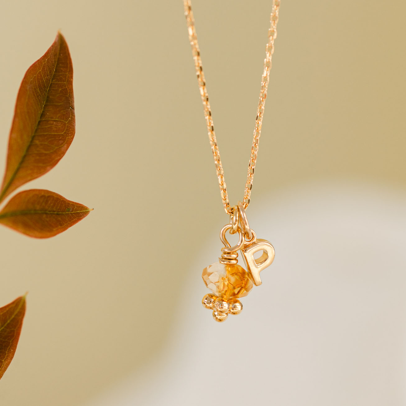 Collar inicial y su piedra de <i>Citrino</i> chapa