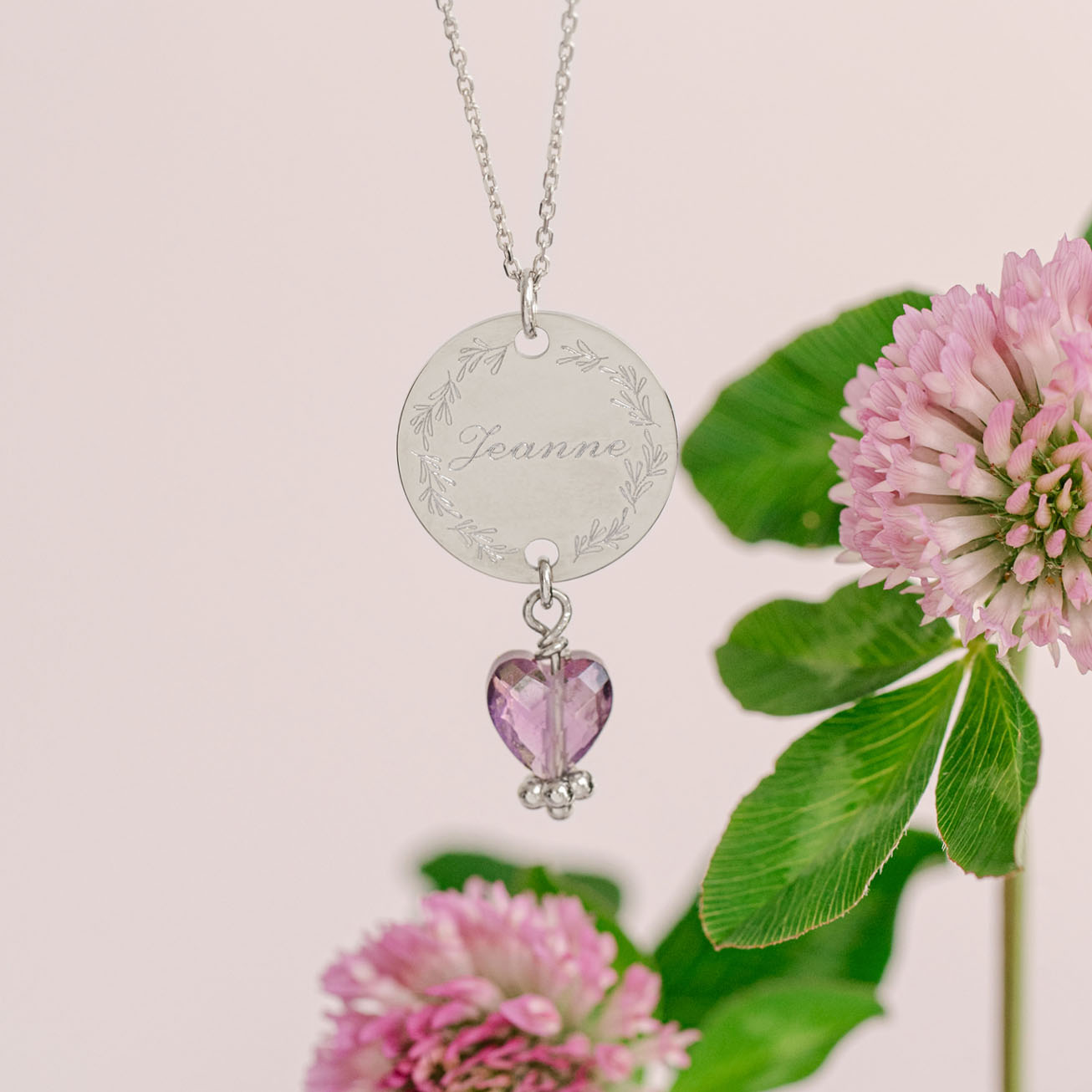 Pendentif personnalisé Coeur améthyste inox argent